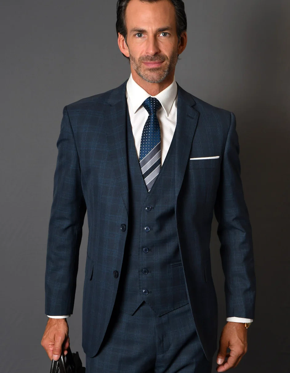 Stijlvolle 100% wollen herenvest in marineblauw ruitpak, zakelijke klasse voor elke gelegenheid.