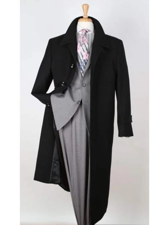 Zwarte Wol Gabardine Jas: Elegante Brede Revers voor Stijlvolle Herfst & Winter.